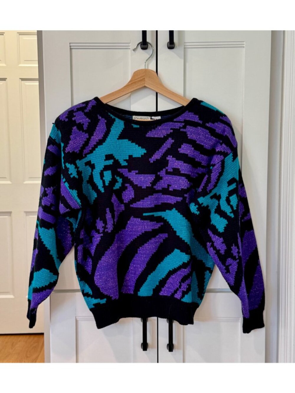 Vintage 80s Funky Pattern Womens Sweater with Shoulder Pads Purple Blue Black